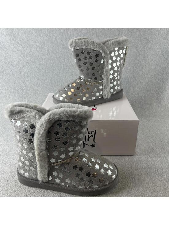 Olivia Miller Other - Olivia Miller Pull on Boots Girls Size 5 Youth Faux Fur Trim Gray Metallic